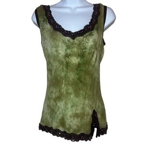 Vintage Lace Trim Cami Vintage 90s Y2K Tank Top Tie Dye Green Brown Size Large